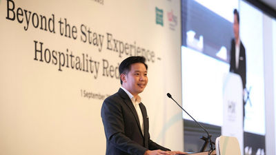 Alvin Tan, Minister of State, Ministry of Trade & Industry and Ministry of National Development, addressing the industry at Hospitality Xchange 2025.