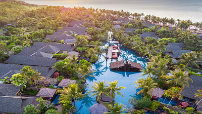 Aerial view of the St. Regis Bali Resort’s lagoon pool and beach.