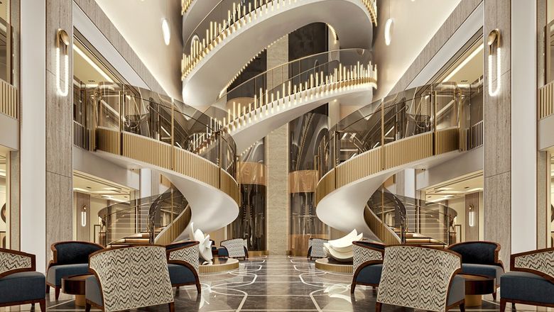 The Starlight Atrium is a central public space aboard Seven Seas Prestige, designed as an elegant gathering point for guests onboard.