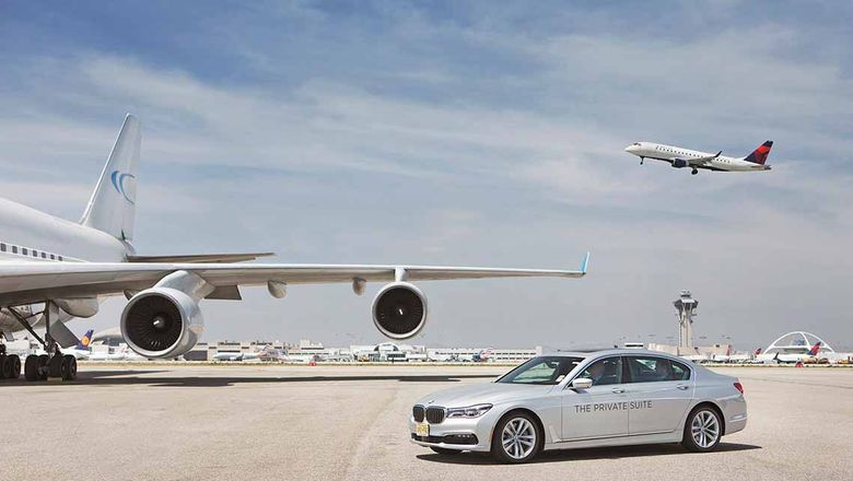 Private Suite guests are driven across the tarmac to their planes via a BMW 7-Series sedan.