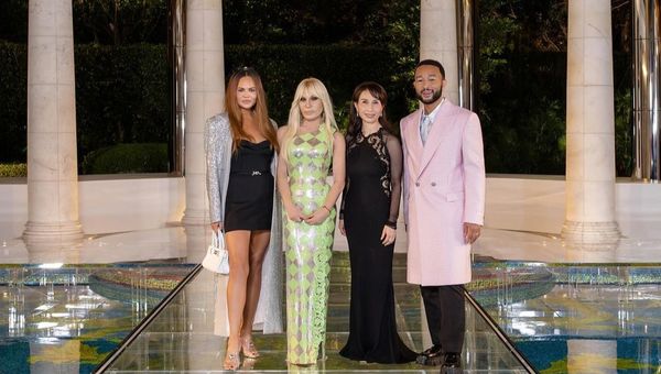 Chrissy Teigen, Donatella Versace, Daisy Ho and John Legend at Palazzo Versace Macau’s pool.