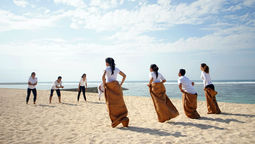 "Sack Race", one of the many traditional games played during the team-building activities at The Ritz-Carlton, Bali.