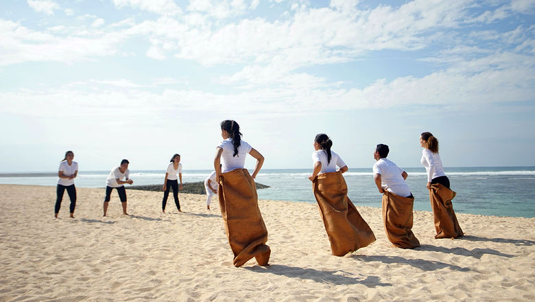 "Sack Race", one of the many traditional games played during the team-building activities at The Ritz-Carlton, Bali.