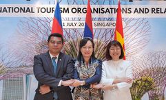 (L to R) Director general of tourism development and international cooperation and head of Cambodia's National Tourism Organisation, Chuk Chumno; director general of tourism development at the Ministry of Information, Culture and Tourism and head of Laos’ National Tourism Organisation, Phonemaly Inthaphome, and Thi Hoa Nguyen, vice chairwoman of the Vietnam National Authority of Tourism and head of Vietnam’s National Tourism Organisation.