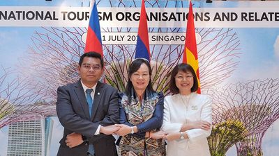 (L to R) Director general of tourism development and international cooperation and head of Cambodia's National Tourism Organisation, Chuk Chumno; director general of tourism development at the Ministry of Information, Culture and Tourism and head of Laos’ National Tourism Organisation, Phonemaly Inthaphome, and Thi Hoa Nguyen, vice chairwoman of the Vietnam National Authority of Tourism and head of Vietnam’s National Tourism Organisation.