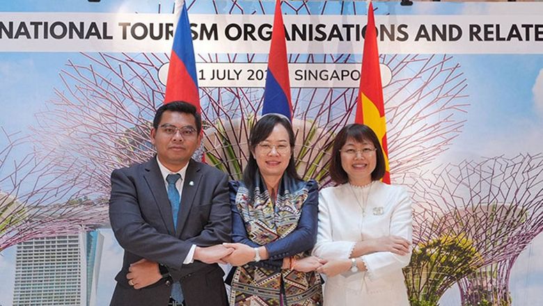 (L to R) Director general of tourism development and international cooperation and head of Cambodia's National Tourism Organisation, Chuk Chumno; director general of tourism development at the Ministry of Information, Culture and Tourism and head of Laos’ National Tourism Organisation, Phonemaly Inthaphome, and Thi Hoa Nguyen, vice chairwoman of the Vietnam National Authority of Tourism and head of Vietnam’s National Tourism Organisation.