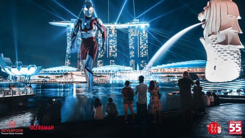 Ultraman shows up in Merlion Park as part of STB's SingapoReimagine campaign.