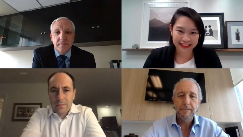 Virginia Ngai, director strategy at CatchOn, A Finn Partners Company (top right) moderates the webinar “Travel Beyond Covid-19”, which includes panelists Holger Jakobs (top left), Ian Moore (bottom left) and Guy Heywood, (bottom right).