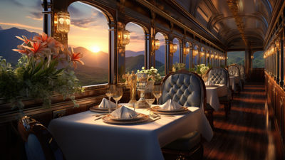 The train provides luxury amenities, including showers, charging stations, entertainment options, connecting passengers to scenic destinations on an eight-day journey.