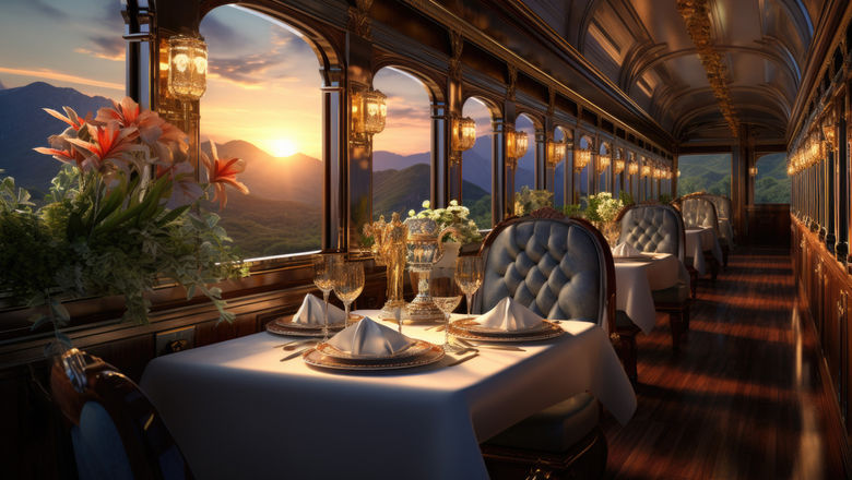 The train provides luxury amenities, including showers, charging stations, entertainment options, connecting passengers to scenic destinations on an eight-day journey.