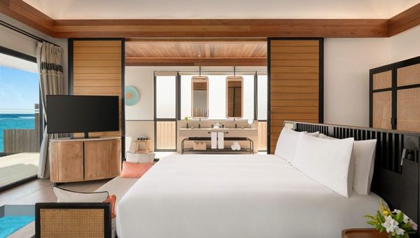 Both overwater and beach villas feature a private pool with views of the lagoon. Both overwater and beach villas feature a private pool with views of the lagoon.