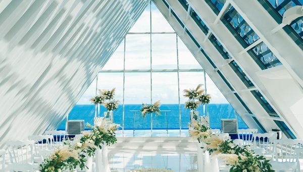 A contemporary cliffside chapel offers breathtaking sunset views for intimate weddings or cocktail parties. A contemporary cliffside chapel offers breathtaking sunset views for intimate weddings or cocktail parties.