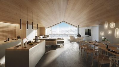 The expansive four-bedroom penthouse boasts a spacious living area, terrace, sauna, private open-air onsen, and stunning vistas of Hirafu Village and Mt. Yotei.