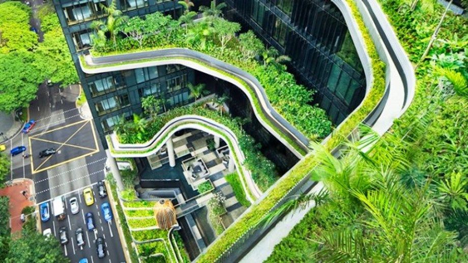At Singapore's Parkroyal Collection Pickering 200 per cent of gross floor area is covered in greenery.