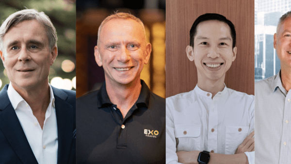 可持续旅行支持者（从左至右）：Yaana Ventures 的 Willem Niemeijer、Exo Travel 的 Hamish Keith、Tribe Tours 的 Yock Song Law 和 Intrepid Travel 的 Mike Steward。