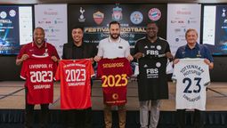 Club legends for participating European football clubs announce the Singapore Festival of Football: (from left) Liverpool's John Barnes, Bayern Munich's Giovane Elber, AS Roma's Marco Cassetti, Leicester City's Emile Heskey and Tottenham Hotspur's Gary Mabbutt.