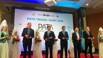 The ribbon-cutting ceremony welcoming Kazakhstan as a PATA member and the official opening of the PATA Travel Mart 2019. (L to R:) Dr Chris Bottrill chairman of PATA, Altay Kulginov, mayor, Nur-Sultan City; Bakytzhan Temirbolat, executive secretary Ministry of Culture and Sports; Dr Mario Hardy CEO PATA, Peter Foster, CEO and president, Air Astana.