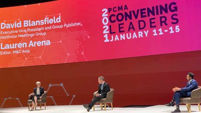 David Blansfield (centre) and Vivek Kumar Neb, managing director, Grail Insights (right), with moderator Lauren Arena, editor, M&C Asia. Blansfield shared his experience travelling from the US to Singapore.