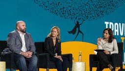 From left: Flight Centre Travel Group's John Morhous, CWT's Belinda Hindmarsh, Phocuswright's Charuta Fadnis
