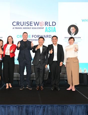 CruiseWorld Asia 2026, themed Cruise Forward, convened cruise lines, travel agents, tourism boards, ports and industry partners in Singapore on 16 September. From left: Northstar Travel Group's Irene Chua, Disney Cruise Line's Sarah Fox, Royal Caribbean’s Benjamin Bouldin, StarDream Cruises’ Michael Goh, Penang State Executive Councillor for Tourism & Creative Economy YB Wong Hon Wai, and Travel Weekly Asia’s Xinyi Liang-Pholsena.