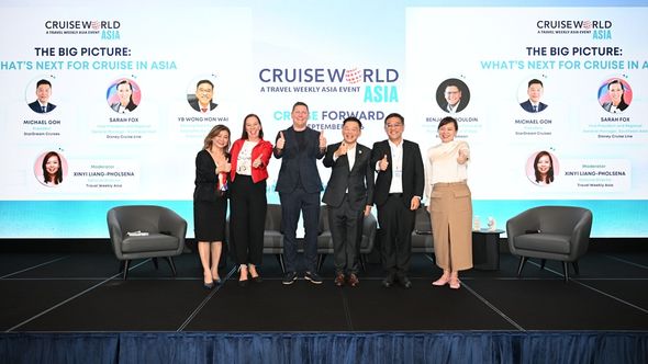 CruiseWorld Asia 2026, themed Cruise Forward, convened cruise lines, travel agents, tourism boards, ports and industry partners in Singapore on 16 September. From left: Northstar Travel Group's Irene Chua, Disney Cruise Line's Sarah Fox, Royal Caribbean’s Benjamin Bouldin, StarDream Cruises’ Michael Goh, Penang State Executive Councillor for Tourism & Creative Economy YB Wong Hon Wai, and Travel Weekly Asia’s Xinyi Liang-Pholsena.