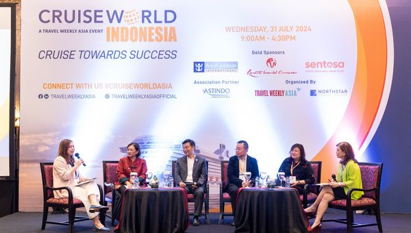 From left: Xinyi Liang-Pholsena, senior editor, Travel Weekly Asia; Polin Setiawati, director of sales, Anugerah Wisata Bahari; Michael Goh, president, Resorts World Cruises; Johnny Judianto, president director, Best Tour and Cruise Centre; Pauline Suharno, president, ASTINDO; Irene Chua, vice president and group publisher, Asia, Northstar Travel Group . From left: Xinyi Liang-Pholsena, senior editor, Travel Weekly Asia; Polin Setiawati, director of sales, Anugerah Wisata Bahari; Michael Goh, president, Resorts World Cruises; Johnny Judianto, president director, Best Tour and Cruise Centre; Pauline Suharno, president, ASTINDO; Irene Chua, vice president and group publisher, Asia, Northstar Travel Group .