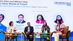 Travel fairs are alive and well, according to the leaders of three travel agent associations speaking at CruiseWorld Asia 2022. From left: Travel Weekly Asia's Xinyi Liang-Pholsena, NATAS' Steven Ler, ASTINDO's Pauline Suharno and PTAA's Michelle Taylan.