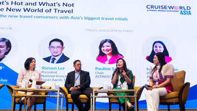 Travel fairs are alive and well, according to the leaders of three travel agent associations speaking at CruiseWorld Asia 2022. From left: Travel Weekly Asia's Xinyi Liang-Pholsena, NATAS' Steven Ler, ASTINDO's Pauline Suharno and PTAA's Michelle Taylan.