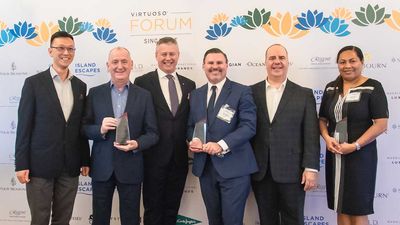 Virtuoso supplier winners L-R Felix Chan, Steve McLaughlin (Oceania), Anthony Cooper, Tony Archbold (Seaborn), Matthew Upchurch (Virtuoso), Margie Lee-Fong (Island Escape).