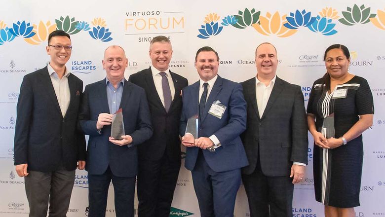 Virtuoso supplier winners L-R Felix Chan, Steve McLaughlin (Oceania), Anthony Cooper, Tony Archbold (Seaborn), Matthew Upchurch (Virtuoso), Margie Lee-Fong (Island Escape).
