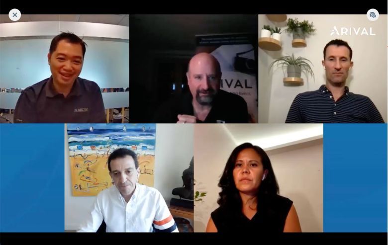 Tours and activities technology specialists at Arival's recent virtual APAC Tech & Distribution Forum: (clockwise, from top left) GlobalTix's Chee Chong Chan, Arival's Bruce Rosard, Rezdy's Chris Atkin, BeMyGuest's Blanca Menchaca, and Livn's Mark Rizzuto.