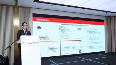 Bernard Chionh, CFO APAC WebBeds, explains the new WebBeds Destination Index to an audience of more than 150 travel professionals in Hong Kong.