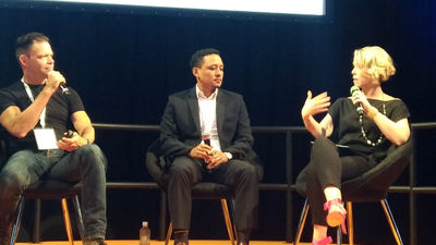 Ken Kuguru from Egencia (second from left) and Samantha Williams from Travelport (extreme right) at an ITB Asia C-suite discussion.