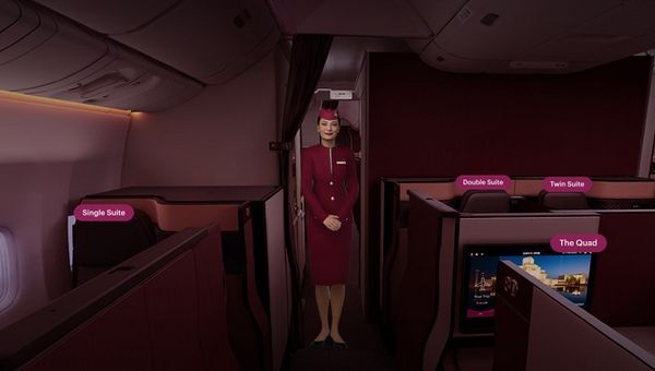 In Qverse, travellers can explore what it's like to sit in Qsuite or economy class. In Qverse, travellers can explore what it's like to sit in Qsuite or economy class.