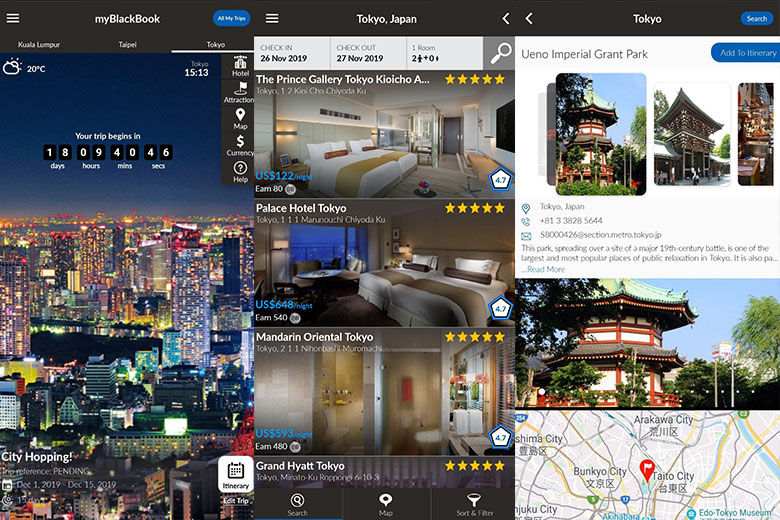 Online travel platform BlackBook’s app offers functions from hotel booking to itinerary planning with listings of places and things to do.