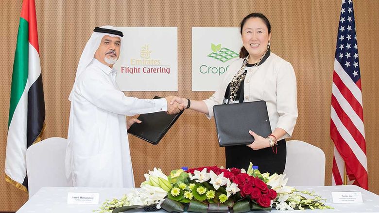 Saeed Mohammed, CEO of Emirates Flight Catering, and Sonia Lo, CEO of Crop One Holdings