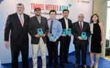 Winners for Airline Category: (L to R) Bob Sullivan of Travel Weekly Asia; Logan Velaitham of AirAsia; Jimmy Lee of Cathay Pacific Airways; Sheldon Hee of Singapore Airlines; Marwan Koleilat of Qatar Airways; Irene Chua of Travel Weekly Asia.