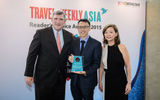 Winner for Airport Category: (L to R) Bob Sullivan of Travel Weekly Asia; Kelvin Ng of Changi Airport Group; Irene Chua of Travel Weekly Asia.