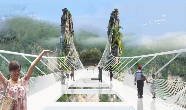 Glass-bottom pedestrian bridge set at dizzing height to open