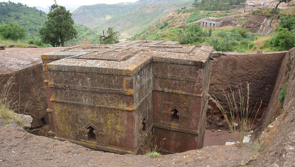 The most striking of the rock-hewn churches in Lalibela is Bet Giyorgis, or George's Place -- named after St. George, the dragon-slayer and patron of Ethiopia. The most striking of the rock-hewn churches in Lalibela is Bet Giyorgis, or George's Place -- named after St. George, the dragon-slayer and patron of Ethiopia.