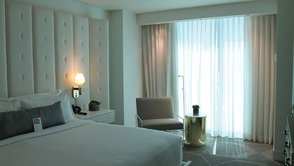 A guestroom at the Delano Las Vegas, located within Mandalay Bay.