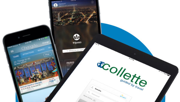 With apps such as Viator, far left, and Triposo, middle, at travelers’ fingertips, the tour guide is no longer the sole authority. Front: Last year, Collette supplied its tour leaders with iPads.