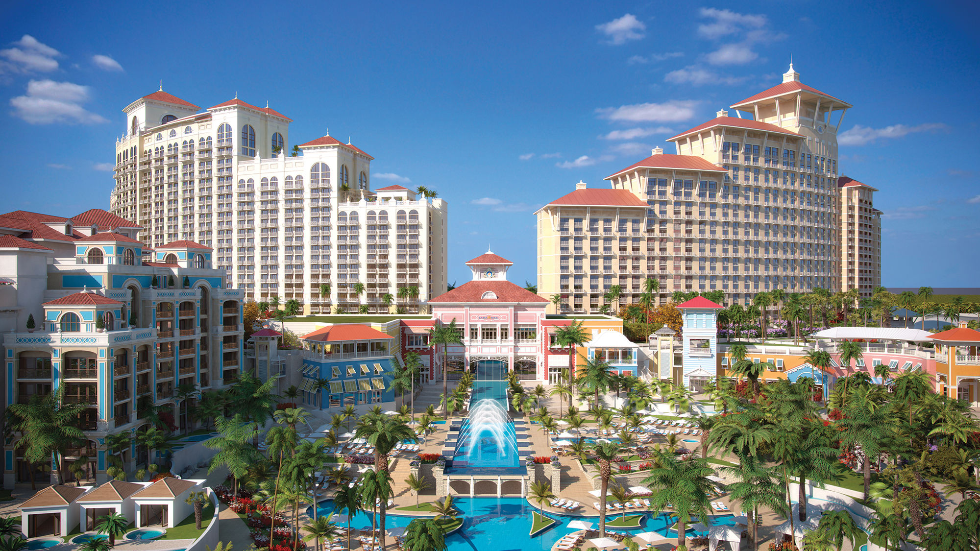 The Grand Hyatt Baha Mar (center) is the first property to reopen at the megaresort in the Bahamas.
