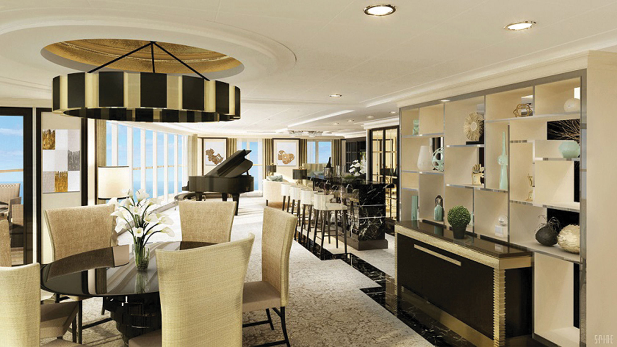 A rendering of the the living room area of the Regent Suite on the Seven Seas Explorer, which will feature a Steinway piano and marble bar.