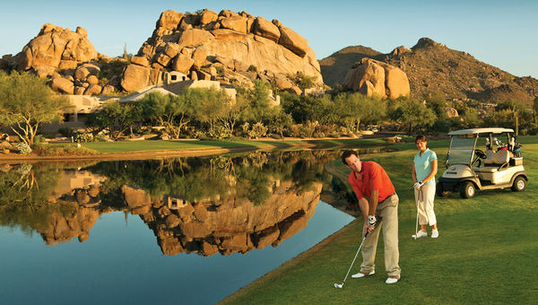 At the Boulders Waldorf Astoria, “pebble tees” on nine holes create a par-three course that can be played in about an hour, and the greens fees are much lower than those for the course’s standard 18 holes. At the Boulders Waldorf Astoria, “pebble tees” on nine holes create a par-three course that can be played in about an hour, and the greens fees are much lower than those for the course’s standard 18 holes.