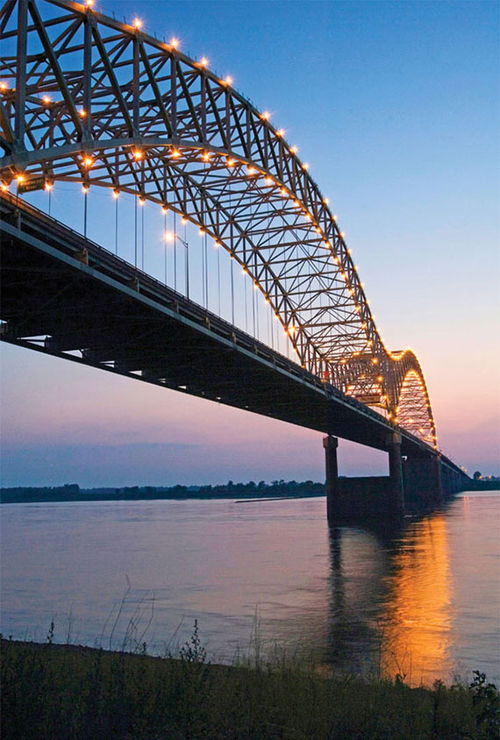The Hernando de Soto Bridge spans the Mississippi River from Memphis to West Memphis, Ark. The Hernando de Soto Bridge spans the Mississippi River from Memphis to West Memphis, Ark.
