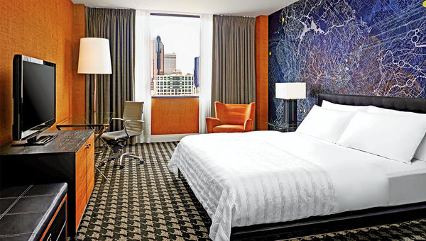 A guestroom at the Le Meridien Charlotte, which occupies one of the two towers that formerly made up the Blake Hotel. A guestroom at the Le Meridien Charlotte, which occupies one of the two towers that formerly made up the Blake Hotel.