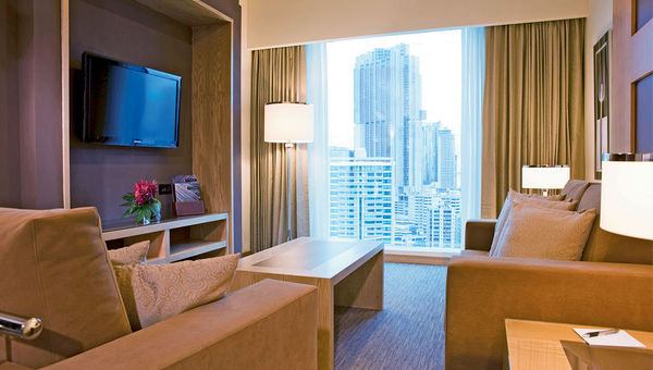 Living room of a suite at the Riu Plaza Panama in Panama City, the company’s first urban property. Living room of a suite at the Riu Plaza Panama in Panama City, the company’s first urban property.