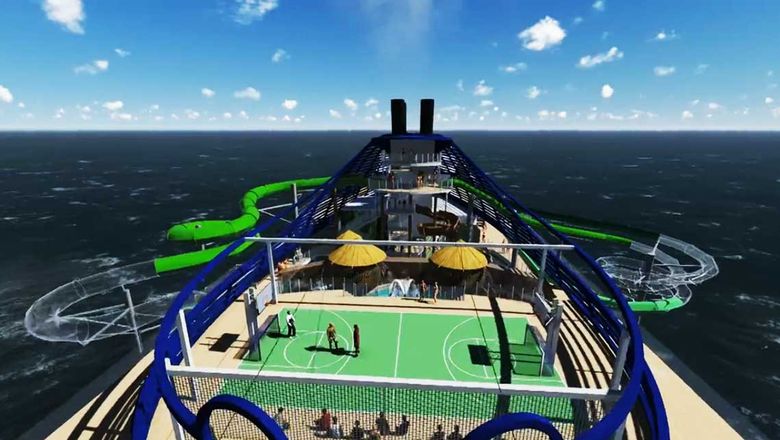 A still from an MSC Cruises video shows a rendering of the MSC Seaside's top deck.