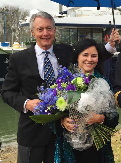 Patrick Clark, managing director of Avalon Waterways, and author Diana Gabaldon, godmother of Avalon Tapestry II.